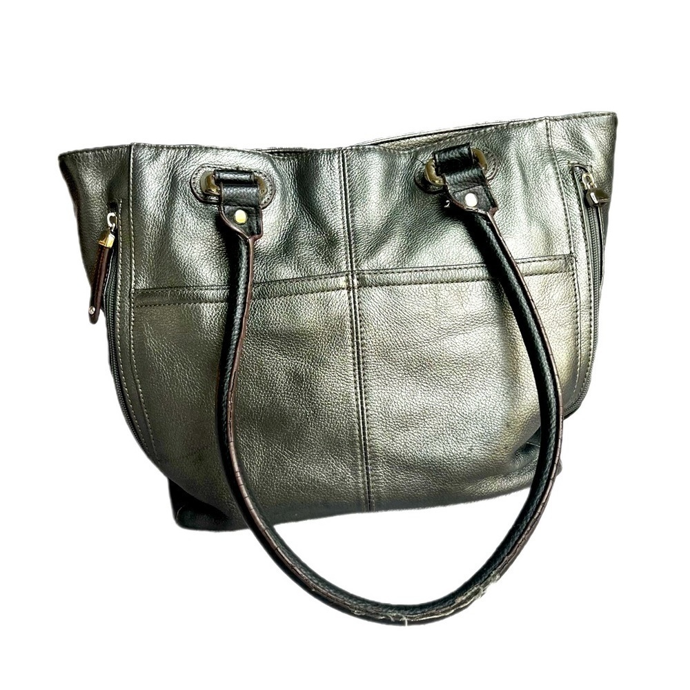 Tignanello Silver Metallic Pebble Leather Hobo Bag Double Strap Dark Grey Tote